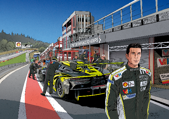 JackV in a racing suit on the Spa Francorchamps race track in front of his car